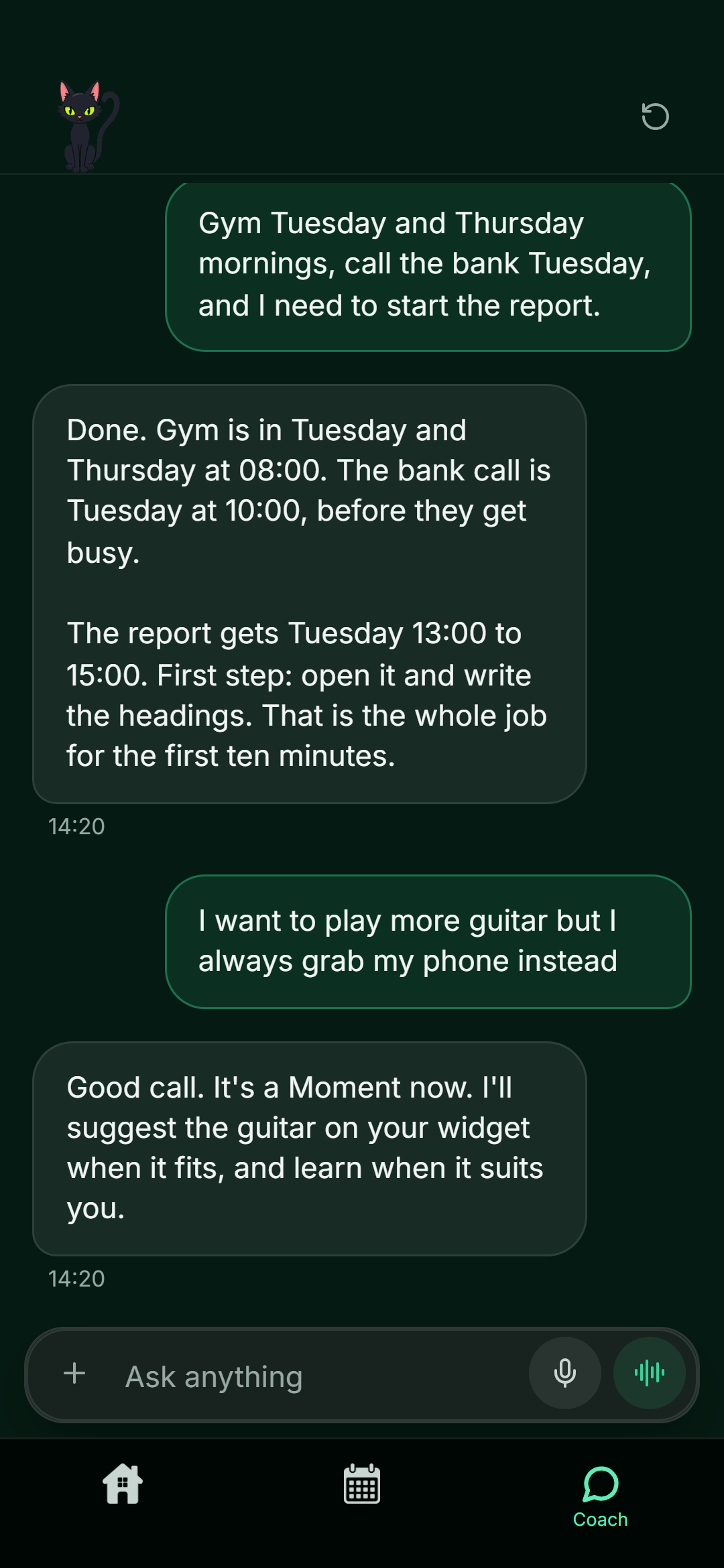 Grip coach chat: a week planned from one message, and guitar turned into a Moment
