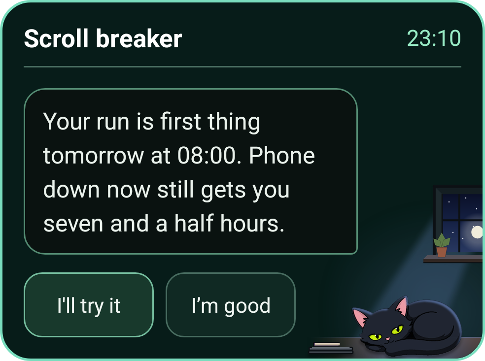 The Grip scroll breaker at 23:10 saying your run is at 08:00 tomorrow and phone down now still gets you seven and a half hours