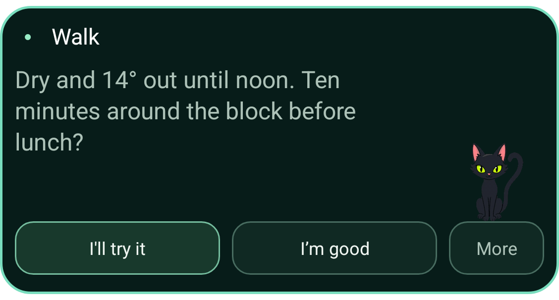 A Grip Moment on the widget suggesting a ten-minute walk before lunch because it is dry and 14 degrees