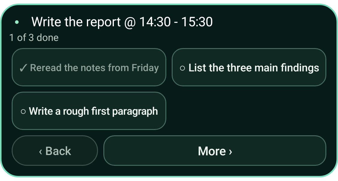 The Grip widget showing Write the report broken into three steps, one already ticked