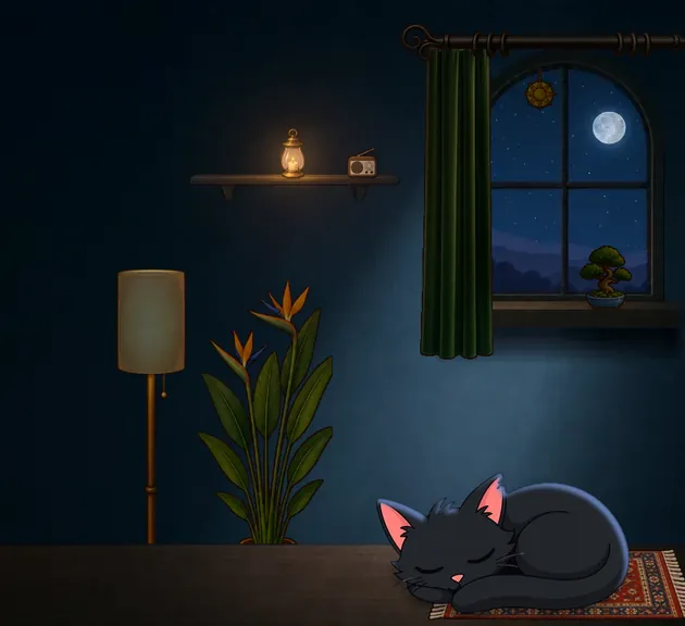 The coach curled up asleep under a moonlit window
