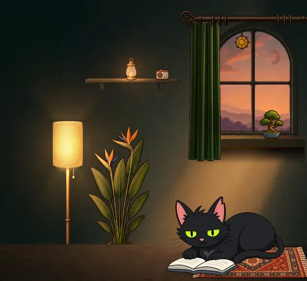 The coach with a book on the rug, looking up